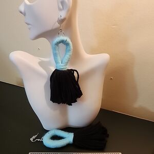 Handmade Blue Loop Black Tassel Earrings